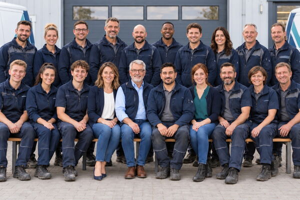 Das Team von Tornado Haustechnik vor dem Firmenwagen