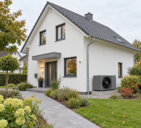 Außengerät einer Wärmepumpe neben einem Einfamilienhaus