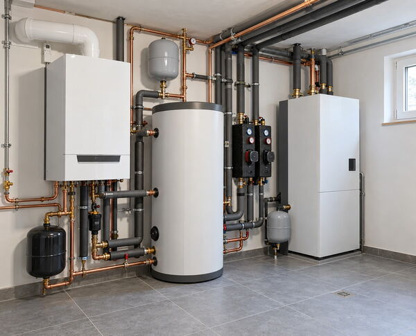 Wärmepumpe und Gaskessel im Heizraum einer Doppelhaushälfte