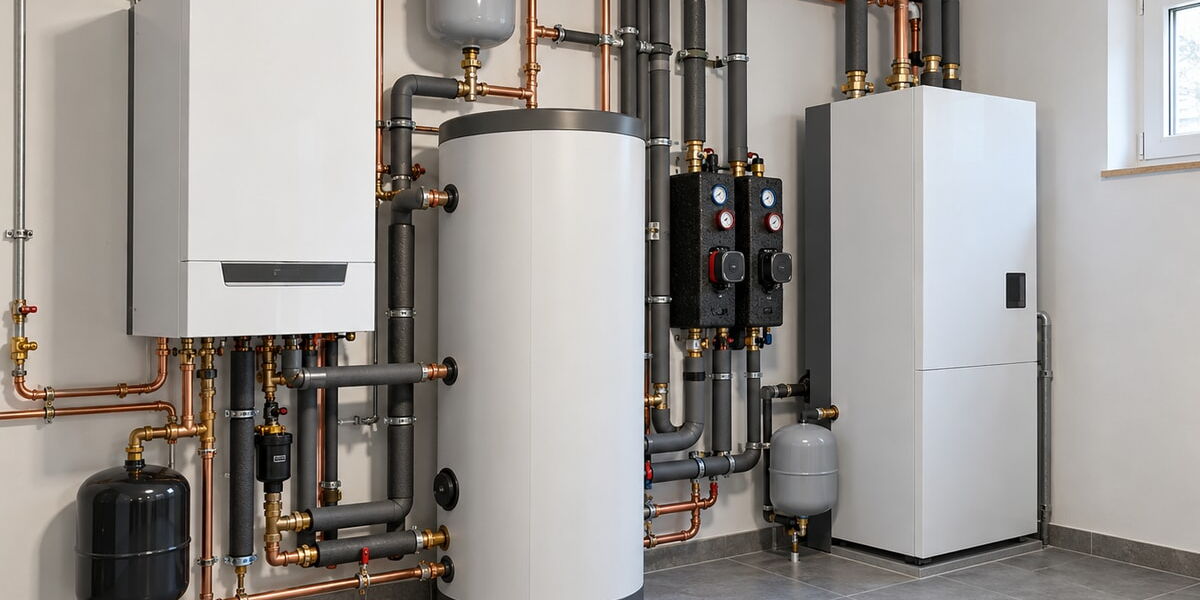 Wärmepumpe und Gaskessel im Heizraum einer Doppelhaushälfte